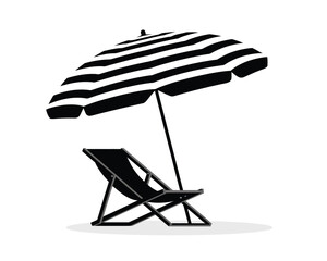 Minimalist Black Beach Chair with Striped Umbrella - Flat Vector Design