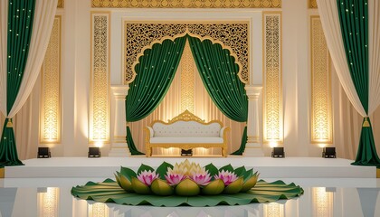 Royal gold and emerald wedding stage with lotus leaf base and jharokha-inspired backdrop