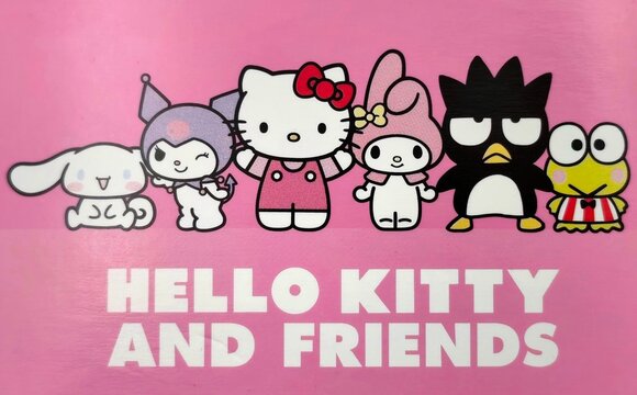 Background view of Hello Kitty in a pink dress with her Sanrio friends Cinnamoroll, Kuromi, My Melody, Badtz-Maru, and Keroppi, isolated on a bright pink background.