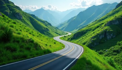Fototapeta premium Asphalt ribbon winds through lush green mountains , horizon, mountain