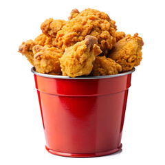 A red bucket filled with crispy fried chicken is isolated on transparent background, ready to be devoured