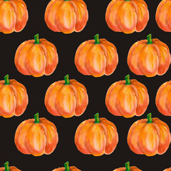 Pumpkin. Watercolor seamless pattern with bright orange pumpkins isolated on black for seasonal packaging, wrapping paper, poster, fabric print, banner, scrapbook, postcards, fall design, farm market