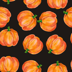 Pumpkin. Watercolor seamless pattern with bright orange pumpkins isolated on black for seasonal packaging, wrapping paper, poster, fabric print, banner, scrapbook, postcards, fall design, farm market