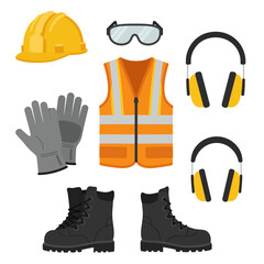 Collection of personal protective equipment for construction workers including hard hat, safety glasses, gloves, vest, earmuffs, and boots.