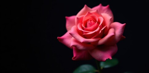 Fototapeta premium Elegant multicolored rose, petals unfurling against a deep black background , stem, sharp