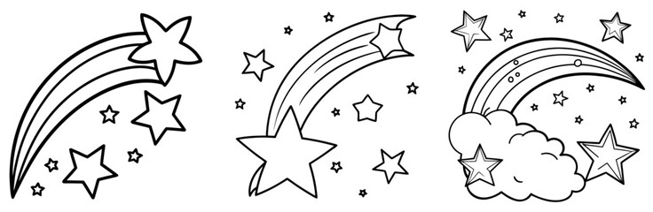 Shooting Stars Coloring Book Page - Outline Vector Line Art Design