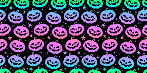 Seamless illustration with bright gradient rainbow smiling pumpkins