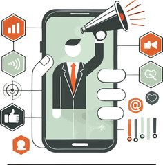 Business announcement concept with businessman speaking through megaphone on mobile phone