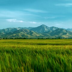 Fototapeta premium Lush Green Fields Against Majestic Mountains under Clear Sky