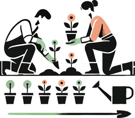 Gardening illustration of two people planting flowers with a watering can and plants