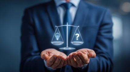 Business leader balancing idea lightbulb against question mark scales offering business opportunity and solution