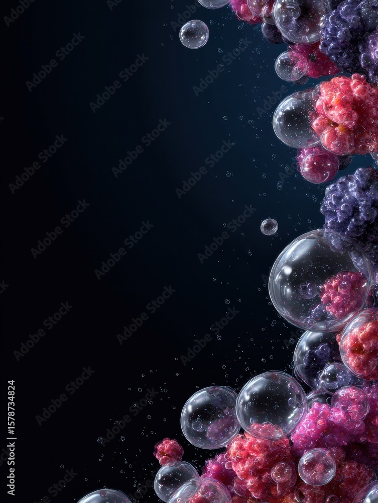 Poster floating transparent bubbles containing colorful berries create a futuristic visual against a dark b