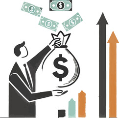 Business person with money bag rising bar graphs demonstrating financial growth