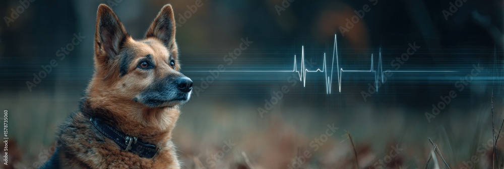 Aufkleber digital heart monitor displaying health metrics for a dog in a blurred natural setting with modern d