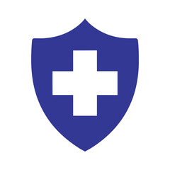 Fototapeta premium Bold blue shield with white cross, symbolizing health protection, medical care, and security