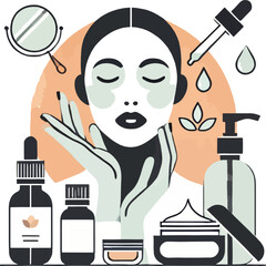 Illustration of a woman undergoing a skincare routine with cosmetic products and accessories