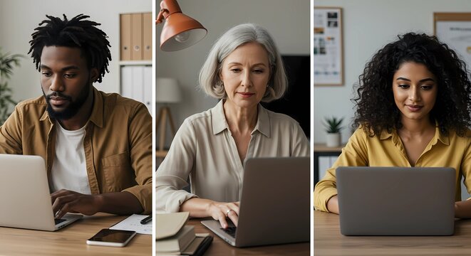 A diverse remote work team having an online meeting, modern minimalistic home office background, people on laptops, warm natural lighting, realistic style, professional atmosphere