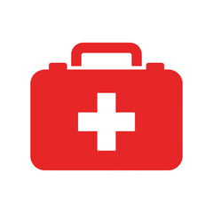 Obraz premium Bright red first aid box with white cross, representing healthcare, emergency kits, and medical aid