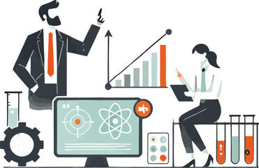 Scientists analyzing data and results in a modern science laboratory illustration