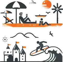Summer beach activities illustrated in a minimalist style with icons and bright orange accents
