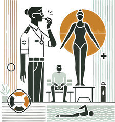 Swimming safety lifeguard observing swimmers with other people inside a public pool