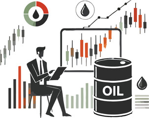 Oil market analysis showing financial trends and statistics with businessman observing data