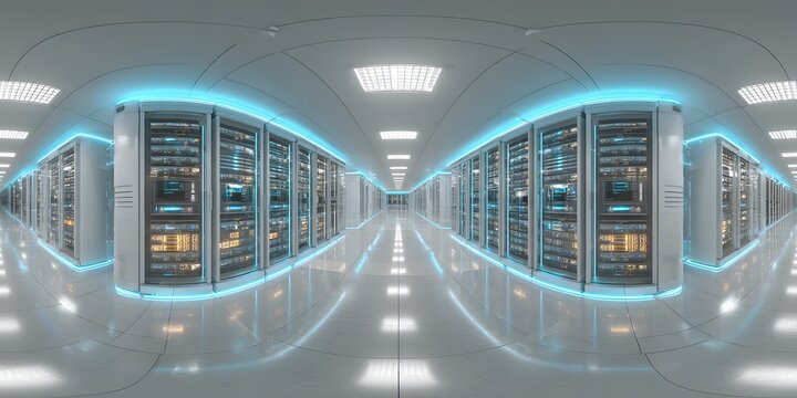 360 degrees seamless spherical panorama   projection of a server data room center.   rendering 3d scenes.