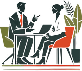Business meeting illustration of two professionals collaborating at a desk with plant decoration