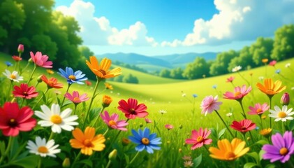 Colorful wildflowers in a lush meadow on a sunny day, blossoms, garden