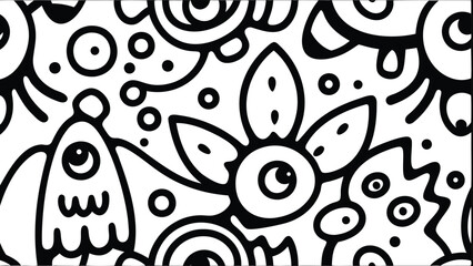 Black and white doodle pattern featuring various cartoonish creatures and abstract shapes design art
