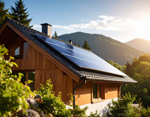 House with solar panels installed roof mountainous area during sunset, surrounded by greenery and trees, showcasing renewable energy and eco
