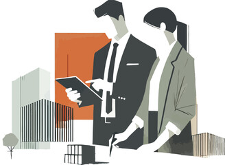 Business professionals collaborating in front of buildings conceptual real estate illustration