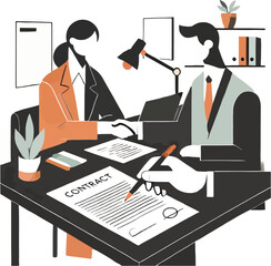 Business professionals finalize contract agreement after successful deal with handshake and signing