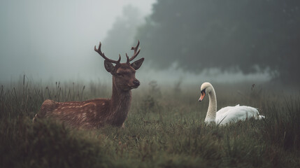 Deer and swan resting calmly together in misty field. peaceful and serene moment in nature embrace, coexisting harmoniously
