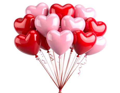 3D Heart-Shaped Helium Balloons in Pink and Red, Floating Cluster, Transparent Background png