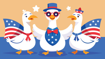 Three patriotic geese celebrating independence day with american flags and stars