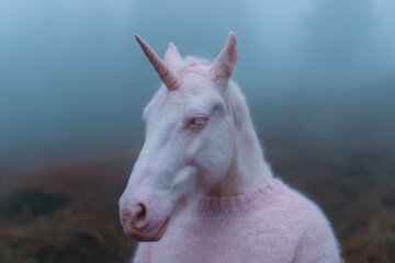 Unicorn in a pink sweater wanders a misty Day of the Dead scene