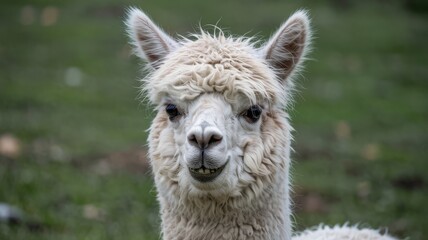 Obraz premium Close up portrait of a fluffy white alpaca with a curious expression