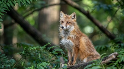 Fototapeta premium Alert red fox with bright eyes sits on a fallen log in a lush green forest
