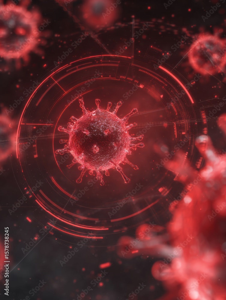 Poster virus multiplication depicted in digital animation with alert overlay emphasizing clear top section
