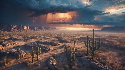 Dramatic Desert Landscape with Cacti and Stormy Sky During Sunset