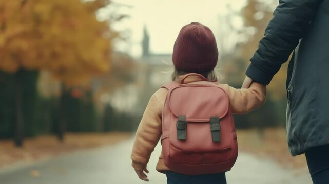 Parent accompanying their child to school on a crisp autumn day, creating a heartwarming scene of family support and educational beginnings