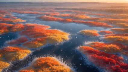 Abstract Orange and Yellow Terrain Reflecting Light on Water Surface