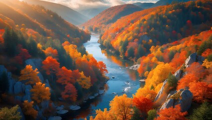 River Flowing Through Autumn Colored Forest in Mountain Valley