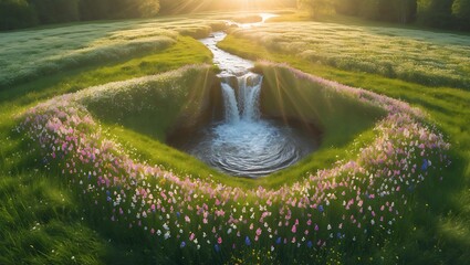 Scenic Waterfall Flowing into Pool Surrounded by Meadow and Wildflowers