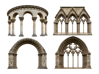 Set of ancient architectural arches and windows isolated
