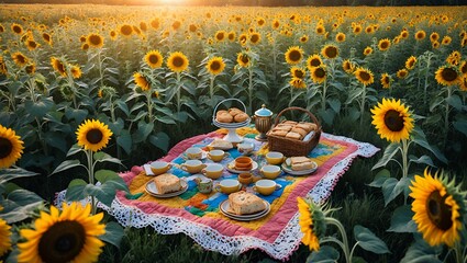 Enjoying Picnic Amidst Sunflower Field at Sunset with Snacks and Tea
