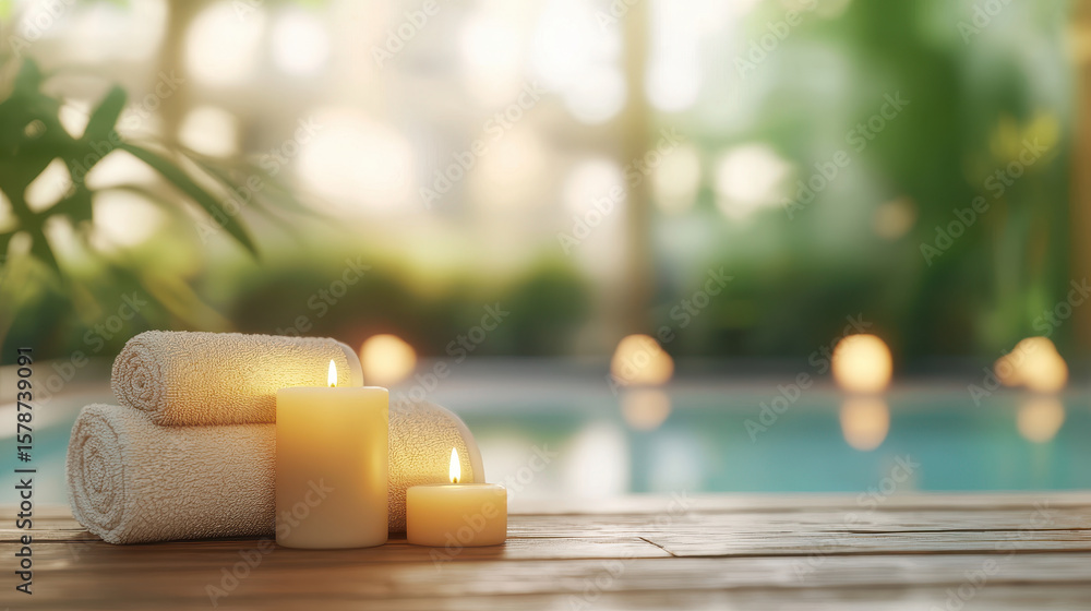 Poster luxurious spa setting with rolled towels and lit candles, creating serene atmosphere for relaxation 
