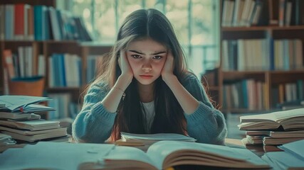 Exhausted student sitting at a desk in a library, surrounded by towering stacks of books, holding her head in her hands, feeling overwhelmed by the pressures of studying and upcoming exams - Powered by Adobe