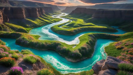 Turquoise River Flowing Through Green Canyon Landscape at Dusk